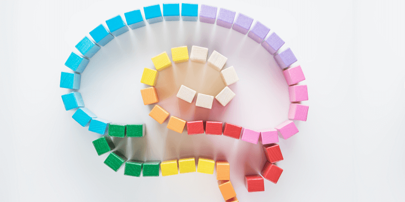 A brain-shaped model made of multicoloured blocks